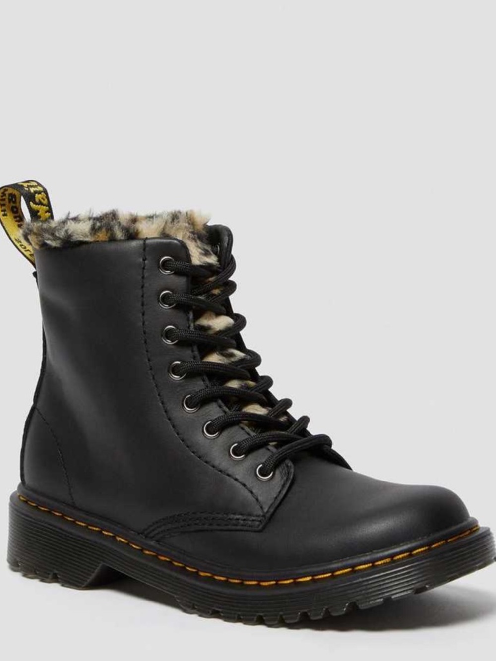 Dr. Martens Serena Black Leather Lace-Up Boots with Leopard Faux Fur Trim